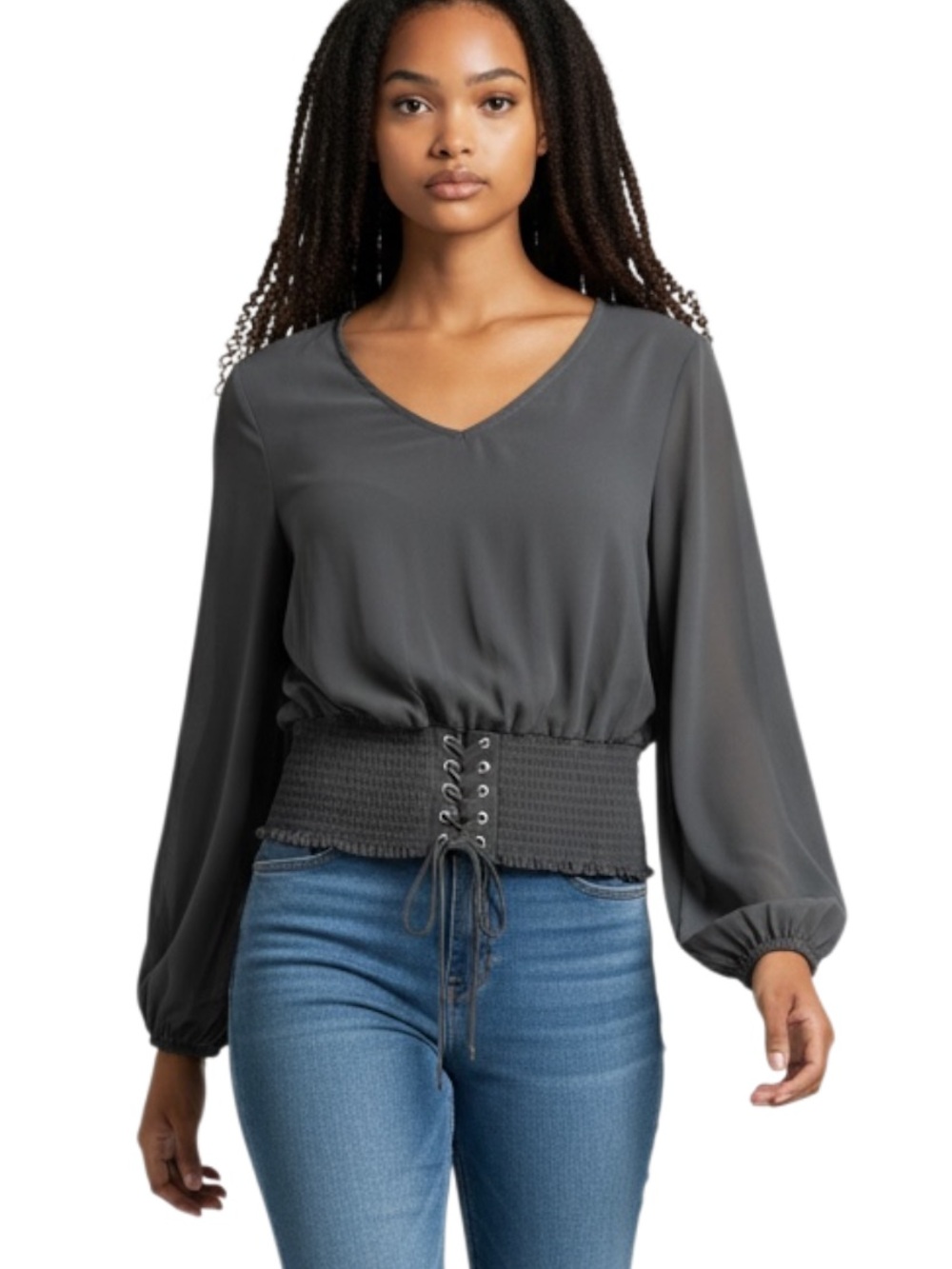 Xhilaration Charcoal Black V-Neck Smocked Lace-Up Waist Blouse